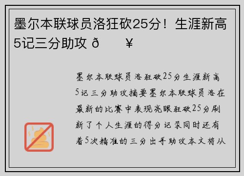 墨尔本联球员洛狂砍25分！生涯新高5记三分助攻 🔥